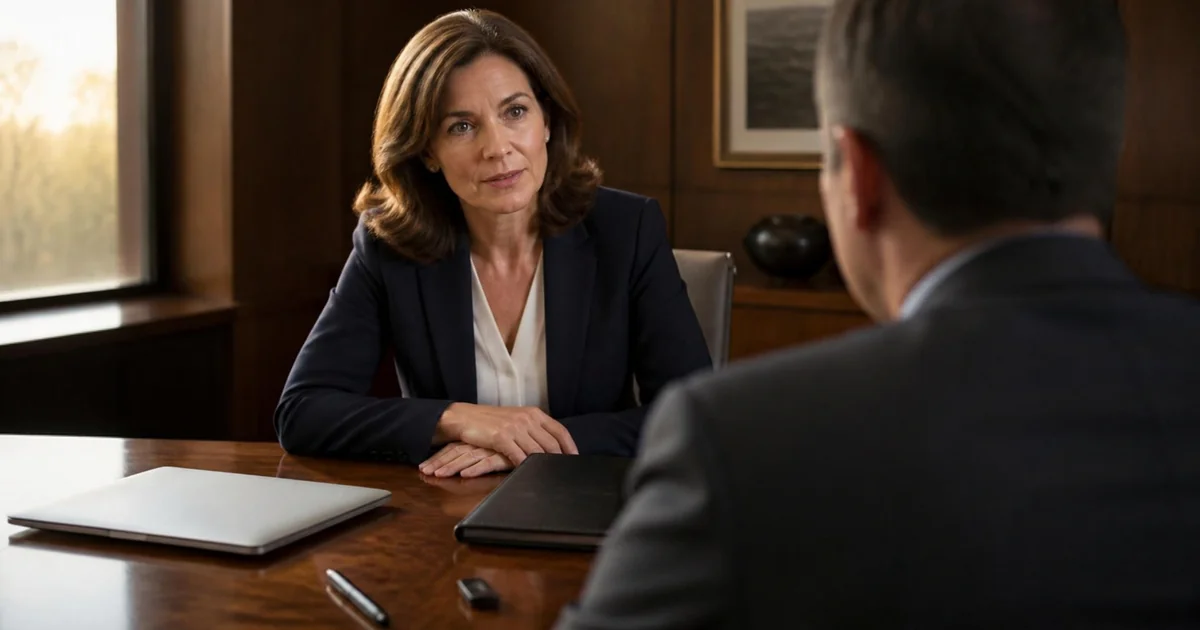 A plan adviser questions a retirement plan administrator across a conference table, with a closed laptop and a small security key on the table