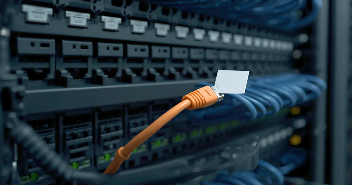 A network patch panel with one cable tagged and traced between two labelled systems