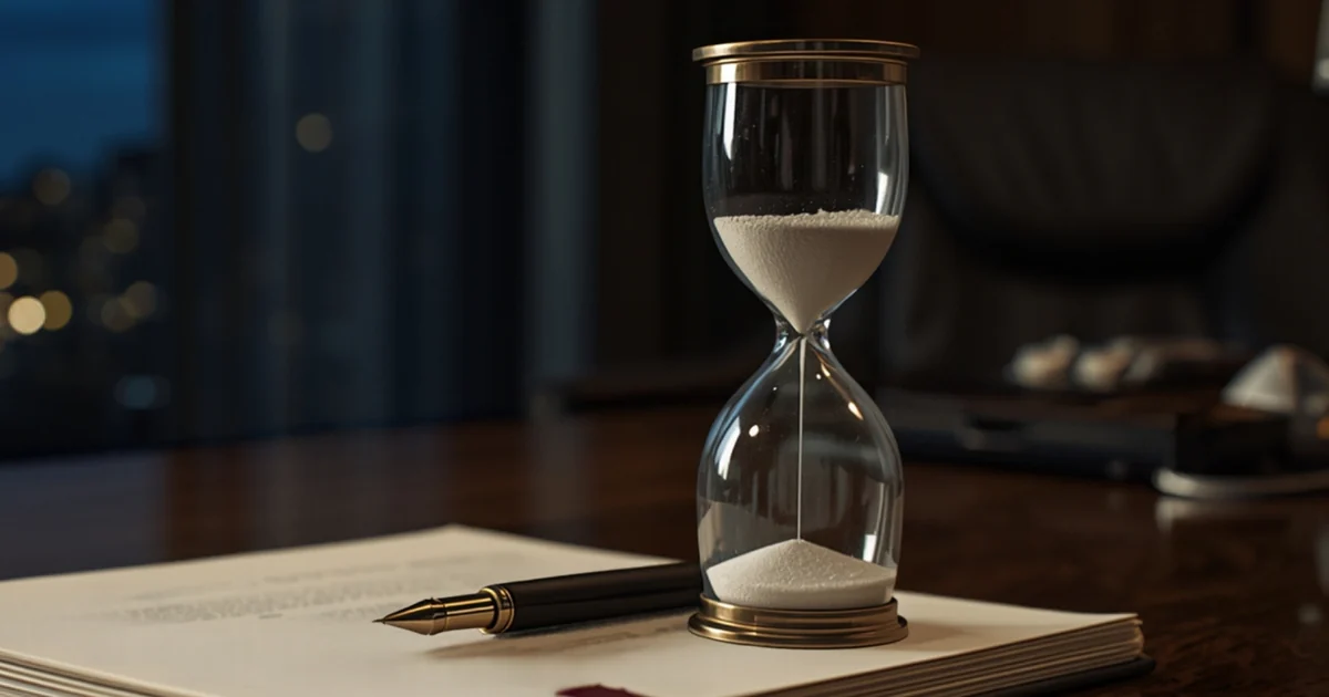 An hourglass with sand running beside a service agreement and fountain pen on an executive desk