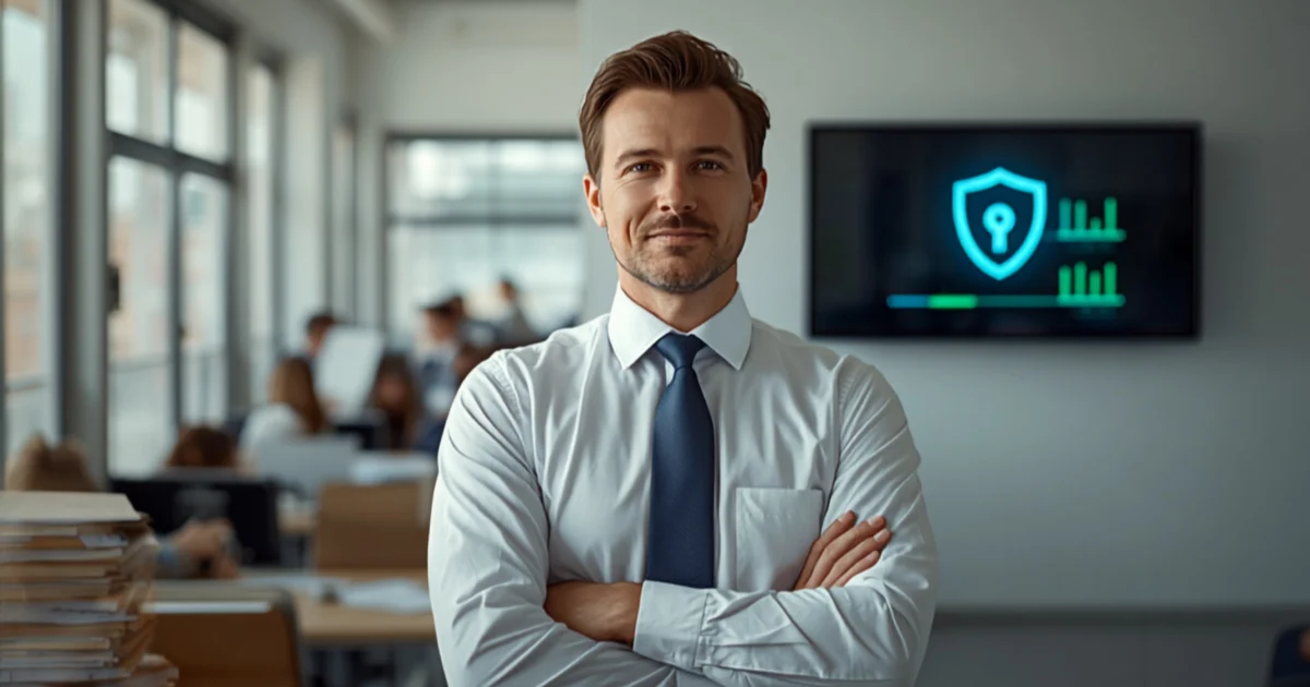 An IT consultant in a working retirement plan administration office with a security monitoring display behind him