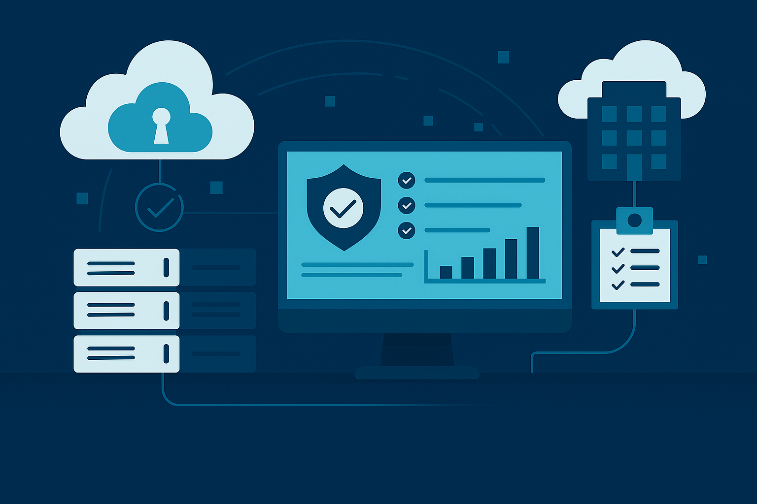 Illustration of a computer dashboard showing compliance and data security icons.