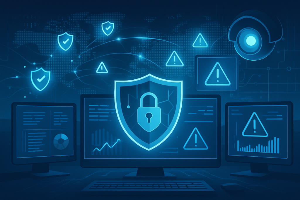 Multiple computer screens displaying alerts, shields, and global map.