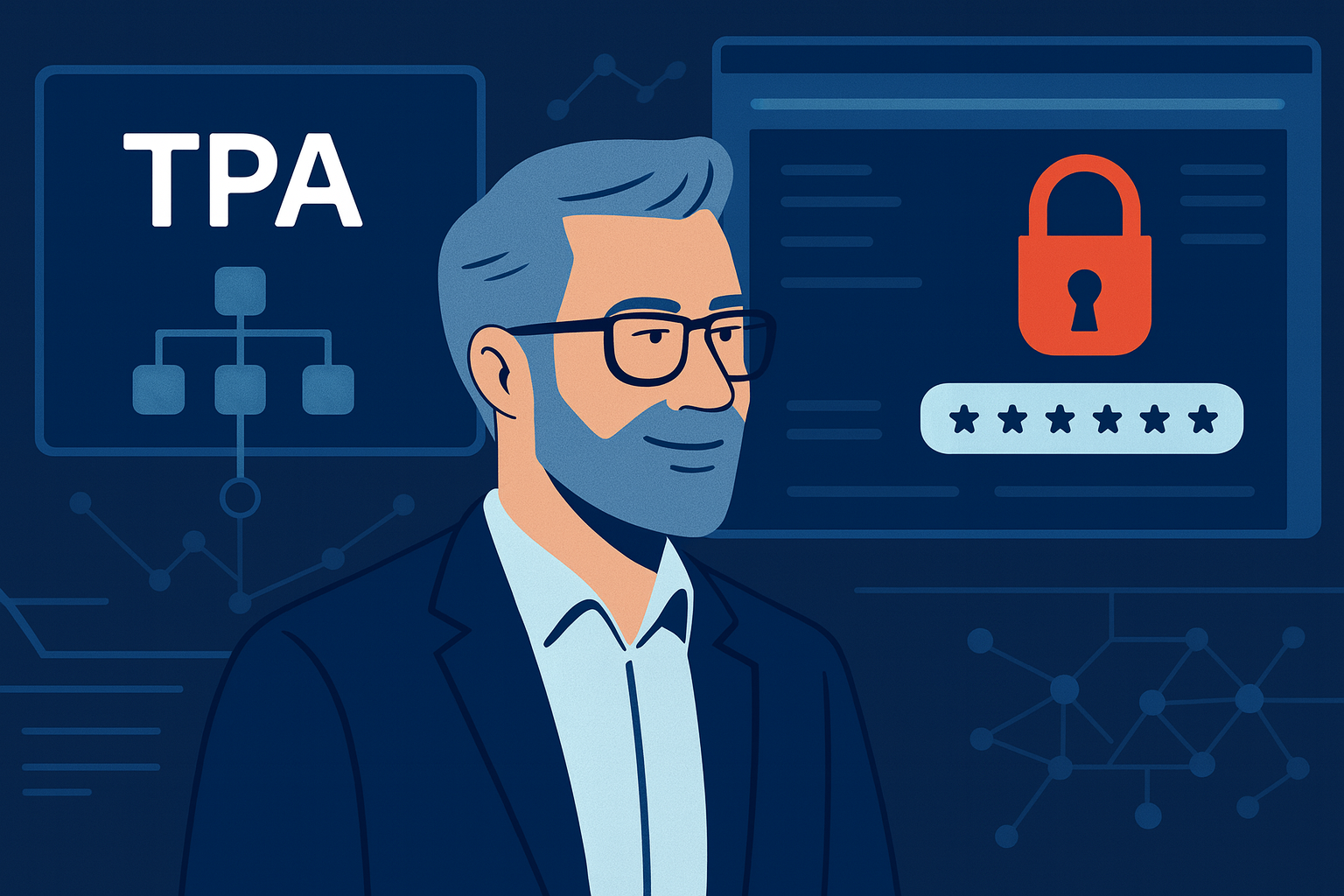 Illustration of a professional leader with cybersecurity visuals behind them.