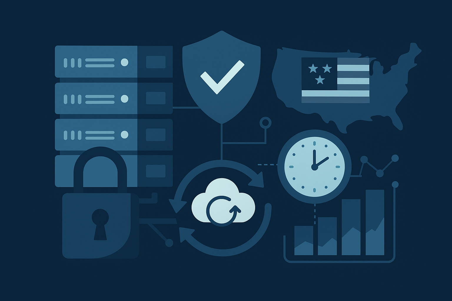 Illustration combining security, data charts, U.S. map, and uptime visuals.