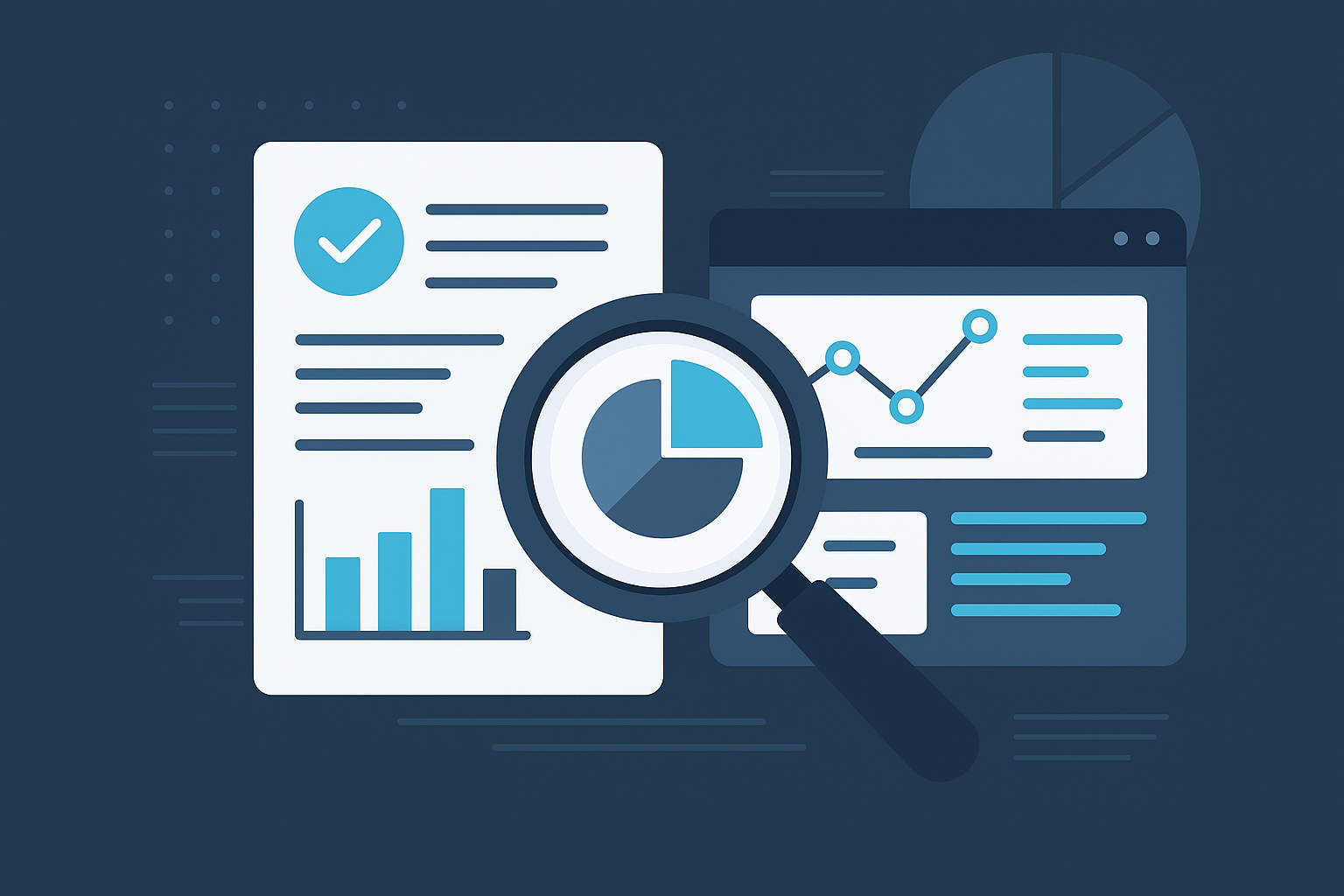 Illustration showing charts and graphs under magnifying glass representing data analysis and Plan Sponsor evaluations.