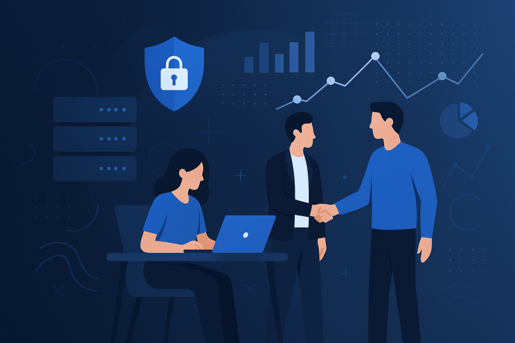 Two professionals shaking hands in front of a digital security dashboard.