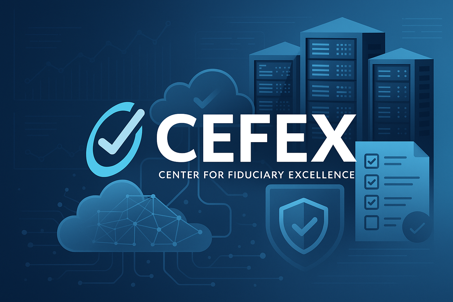 Illustration showing a CEFEX badge and secure data center buildings.