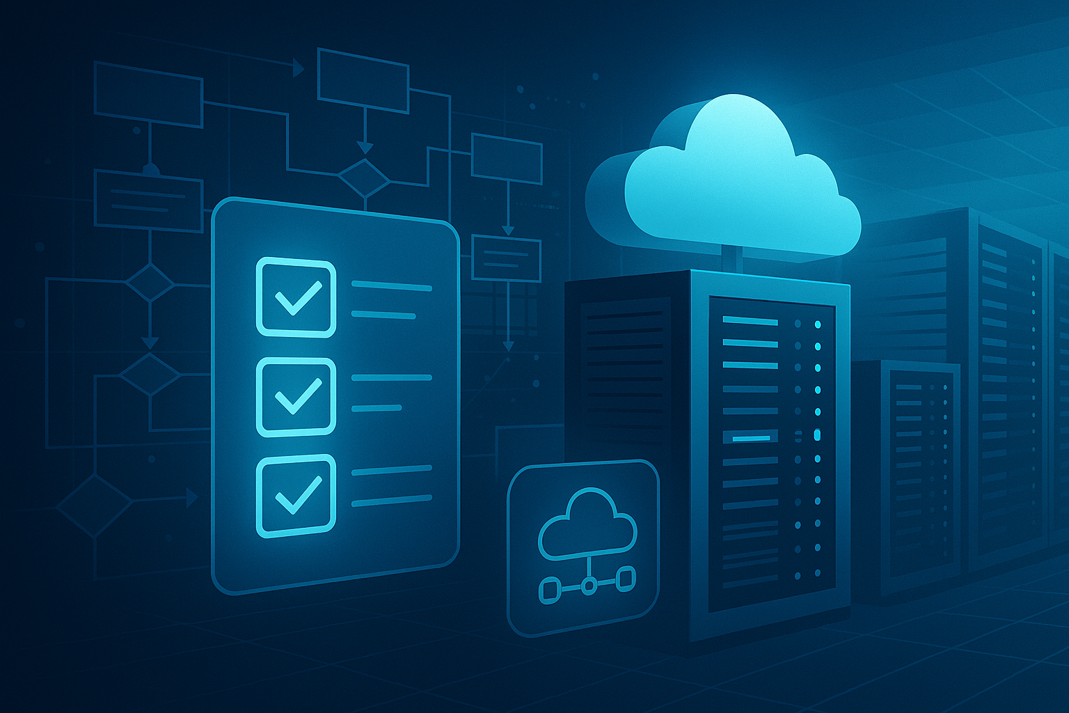 Illustration of a secure data center and checklist representing IT preparedness and backup systems.