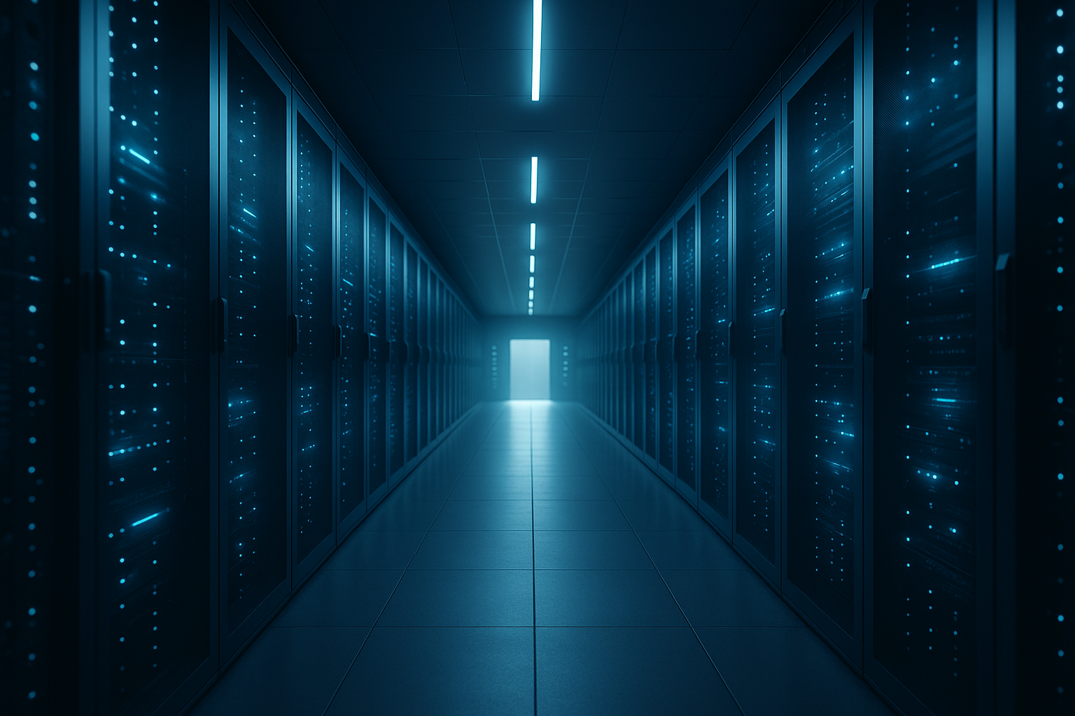 Secure data center hallway with blue lighting and servers.