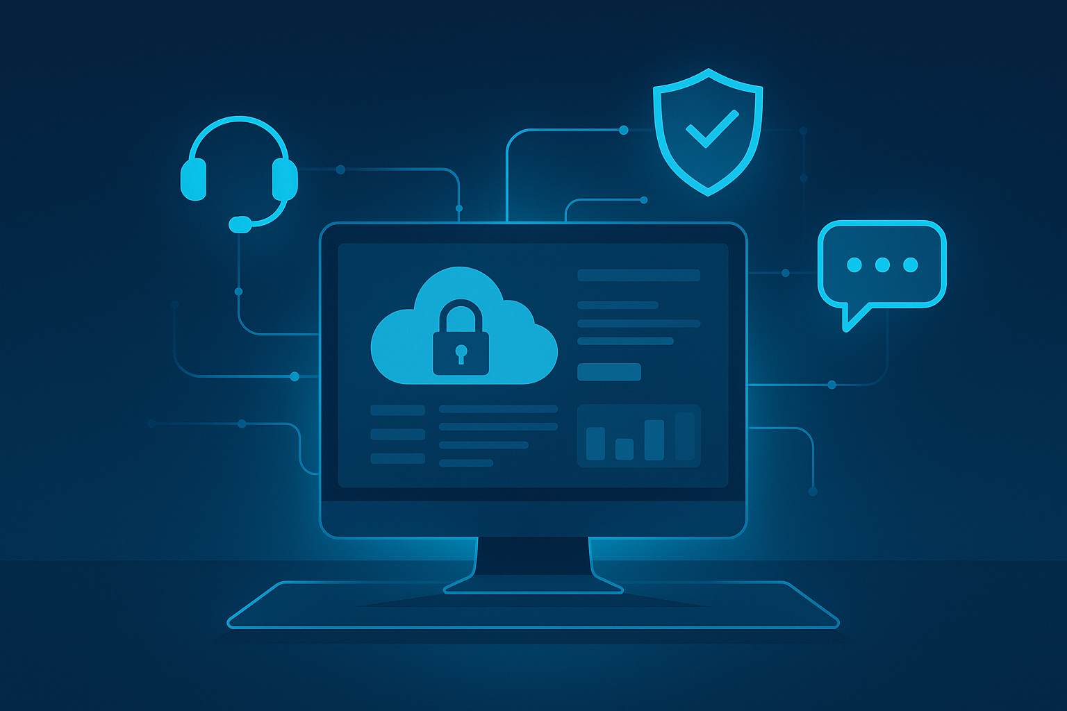 Secure cloud illustration with shield, headset, and chat icons for IT and cybersecurity support.