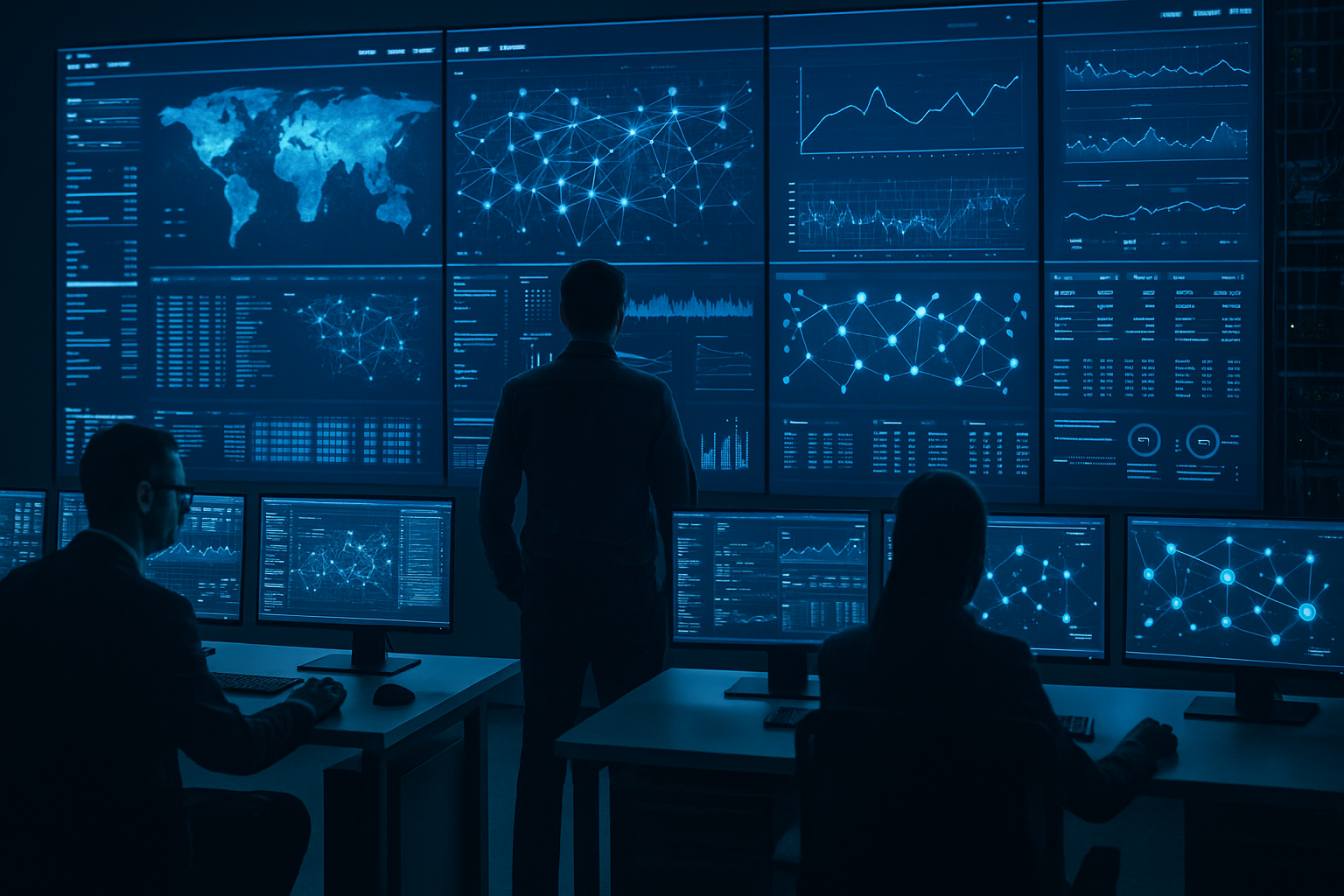 Team monitoring global cybersecurity dashboards in a control center.