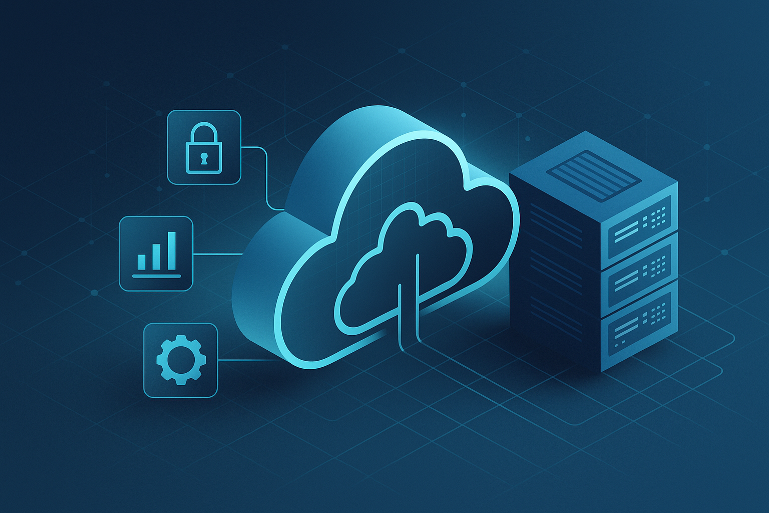 Digital illustration of cloud computing with security and analytics icons.