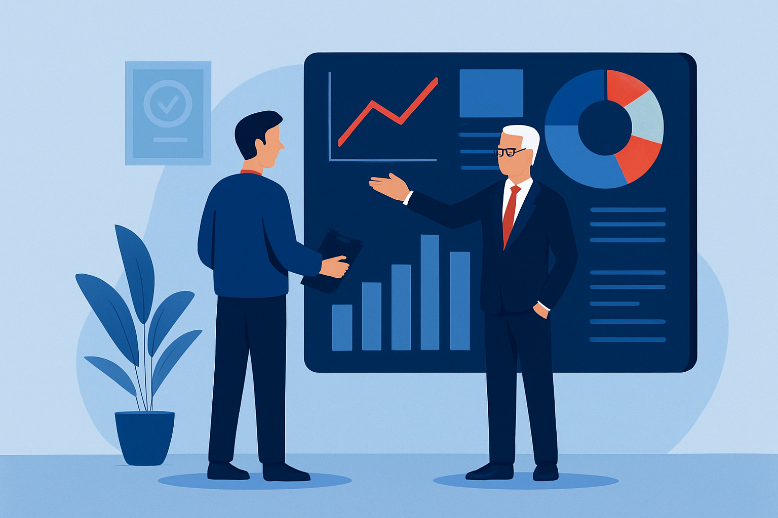 Two business professionals discussing analytics and growth charts on digital screen.