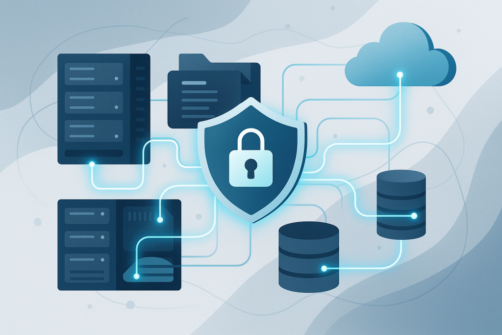 Illustration of secure cloud servers and shield icon with connected databases.