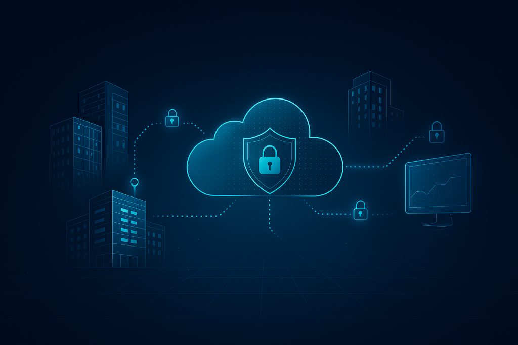 Secure cloud illustration with lock icon and connected office buildings.