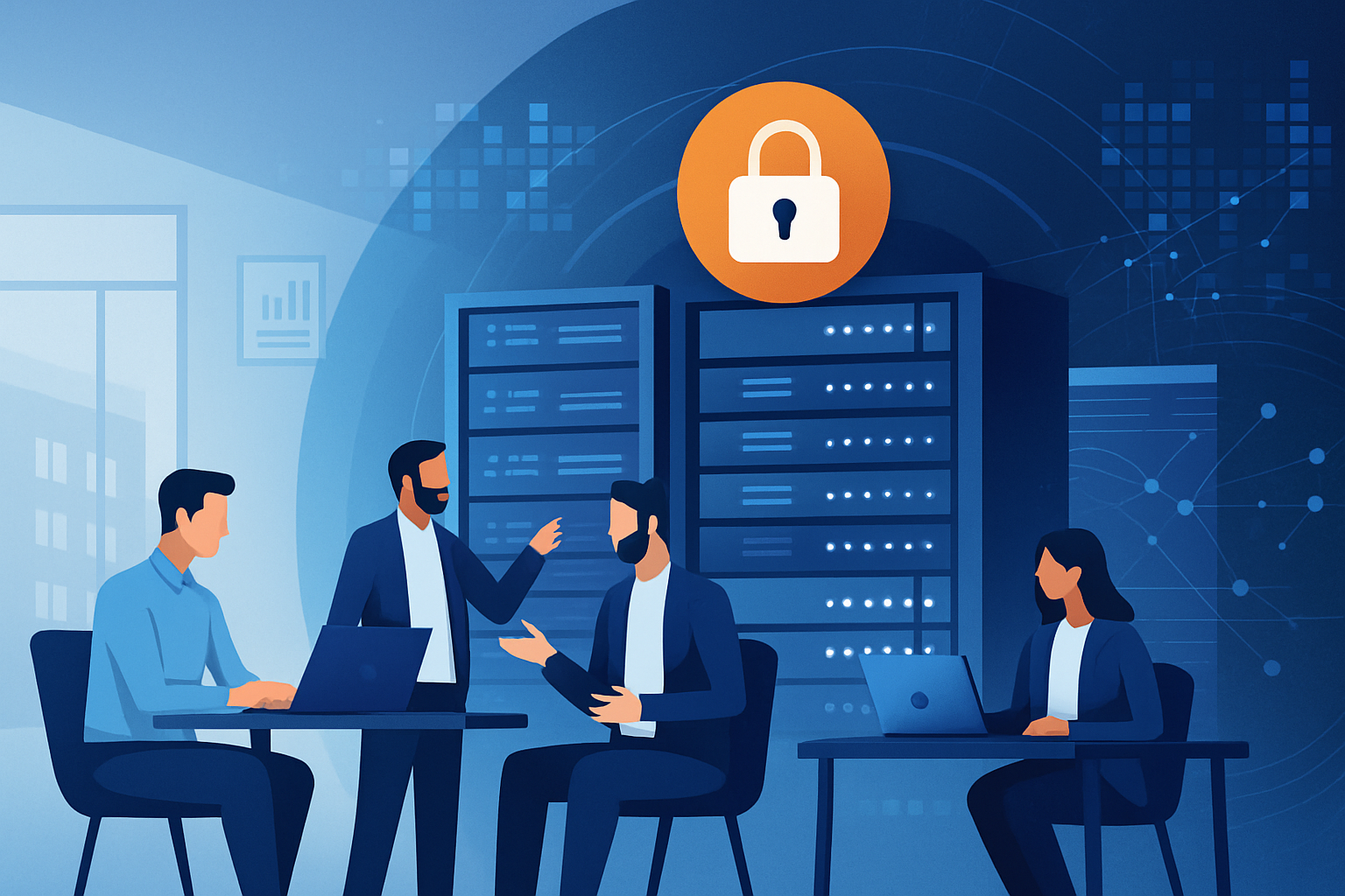 Team collaborating in a secure data environment with lock and servers.