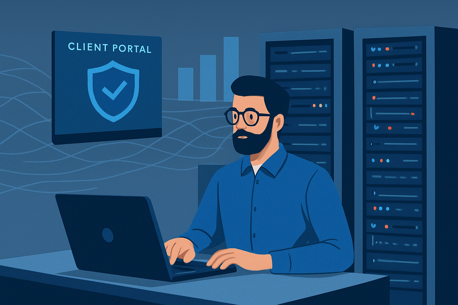 Illustration of IT technician managing server racks and client portal.
