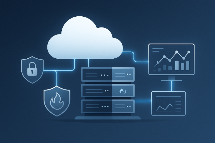 Digital illustration showing cloud infrastructure with security shields, analytics, and data connections.