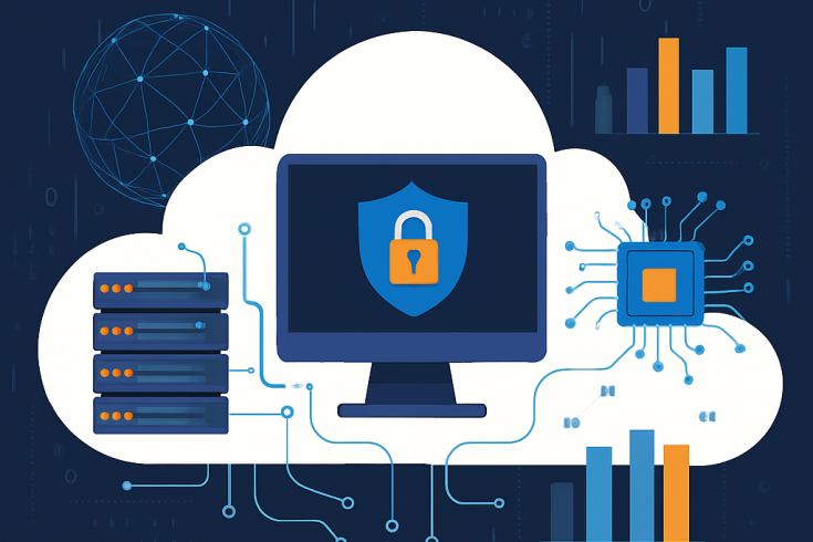 Illustration of a secure cloud system with servers, analytics charts, and a lock icon.