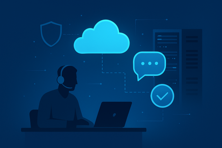 Illustration of a support technician working on a laptop connected to cloud systems.