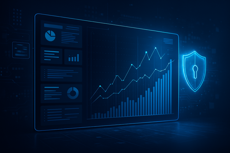 Secure IT dashboard with data analytics and shield icon representing cybersecurity readiness.