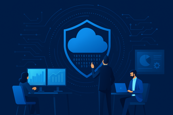 Illustration of professionals securing cloud systems with shield and data visualization.