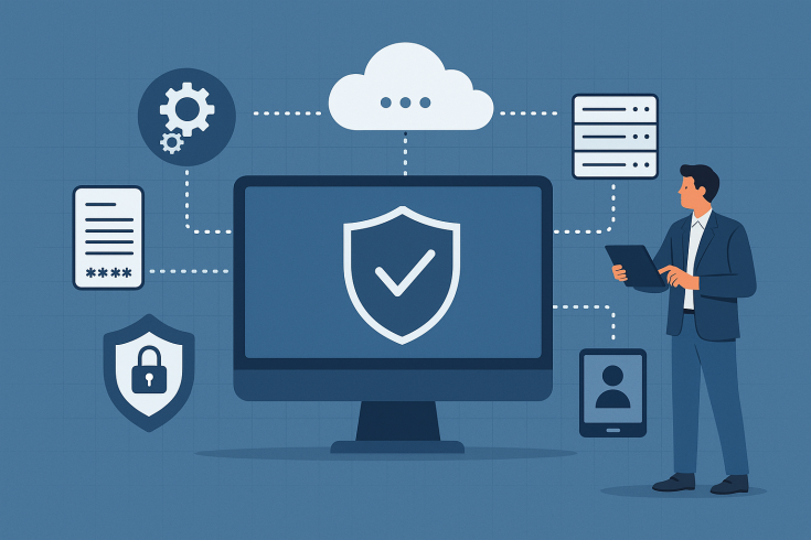 Flat-style digital illustration of professionals collaborating on IT onboarding, representing managed IT, cybersecurity, and cloud readiness for Third-Party Administrators (TPAs).
