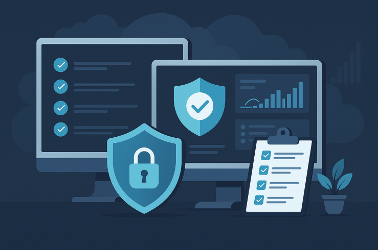 Digital illustration of secure IT dashboards with checklists and shield icons symbolizing cybersecurity compliance.