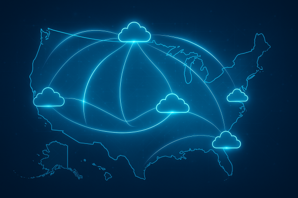 Map of the United States with interconnected cloud icons showing CRC Cloud’s nationwide infrastructure.