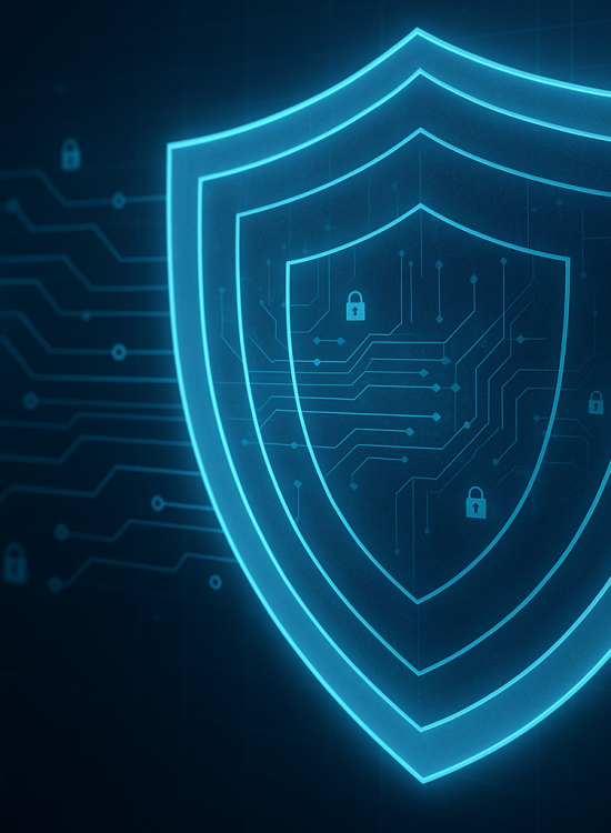 Blue neon shield representing multiple cybersecurity layers.