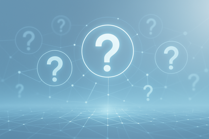Digital illustration showing connected question mark icons symbolizing IT and cybersecurity questions.