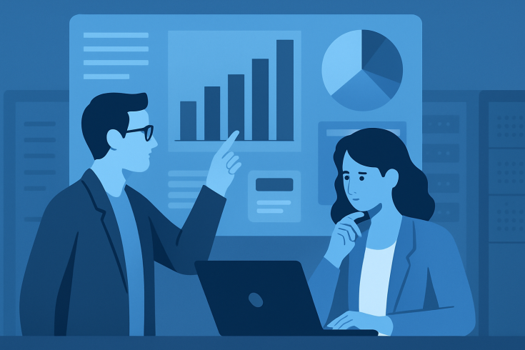 Illustration of two IT professionals reviewing analytics charts and data on a laptop.