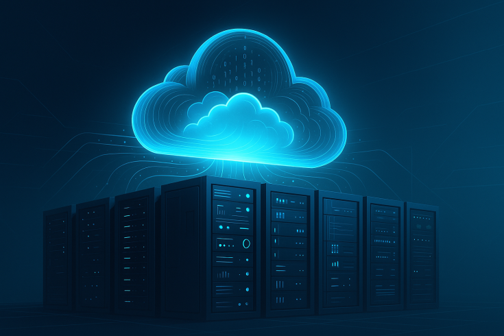 Illustration of a secure cloud server cluster with glowing blue network lines.