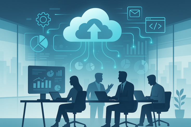 Digital illustration showing professionals in a meeting surrounded by cloud and data icons, symbolizing IT collaboration.